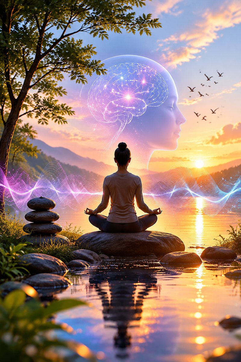 A person meditating by a lake at sunrise, with soft waves of light around them.